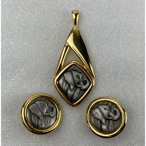 Darlene Elephant Pendant and Clip Earrings Set No Chain Safari Designer